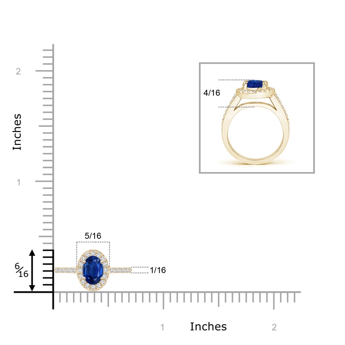 6x4mm AAA Classic Oval Blue Sapphire Halo Ring with Diamond Accents in Yellow Gold ruler