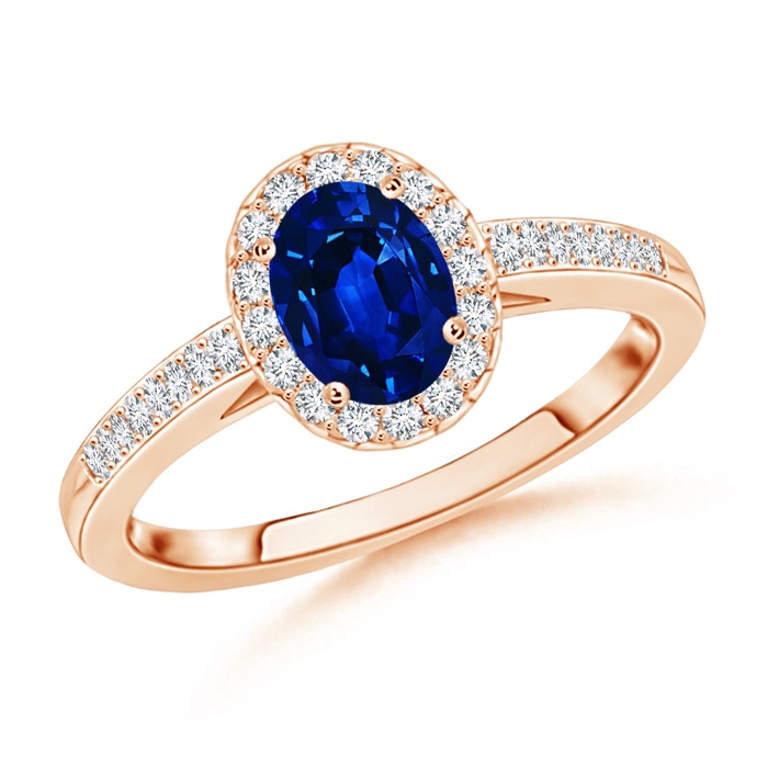 6x4mm AAAA Classic Oval Blue Sapphire Halo Ring with Diamond Accents in Rose Gold 