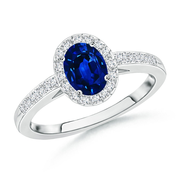 6x4mm AAAA Classic Oval Blue Sapphire Halo Ring with Diamond Accents in White Gold