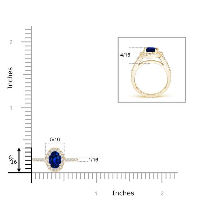 6x4mm AAAA Classic Oval Blue Sapphire Halo Ring with Diamond Accents in Yellow Gold ruler