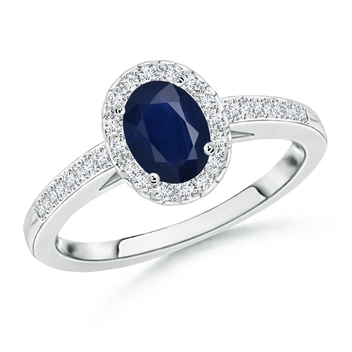 7x5mm A Classic Oval Blue Sapphire Halo Ring with Diamond Accents in White Gold 