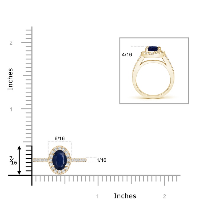 7x5mm A Classic Oval Blue Sapphire Halo Ring with Diamond Accents in Yellow Gold ruler