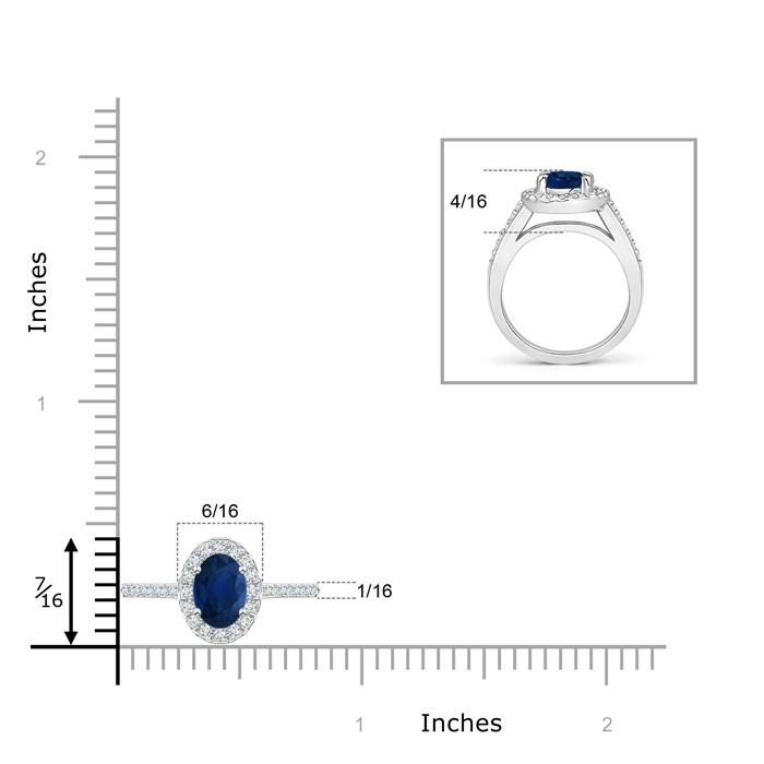 7x5mm AA Classic Oval Blue Sapphire Halo Ring with Diamond Accents in White Gold ruler