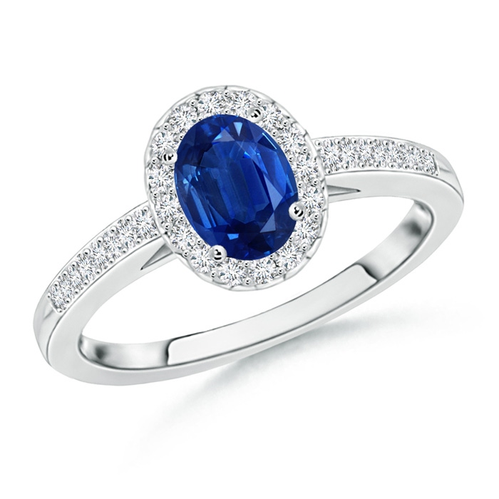 7x5mm AAA Classic Oval Blue Sapphire Halo Ring with Diamond Accents in P950 Platinum 