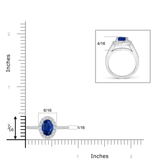 7x5mm AAA Classic Oval Blue Sapphire Halo Ring with Diamond Accents in P950 Platinum ruler