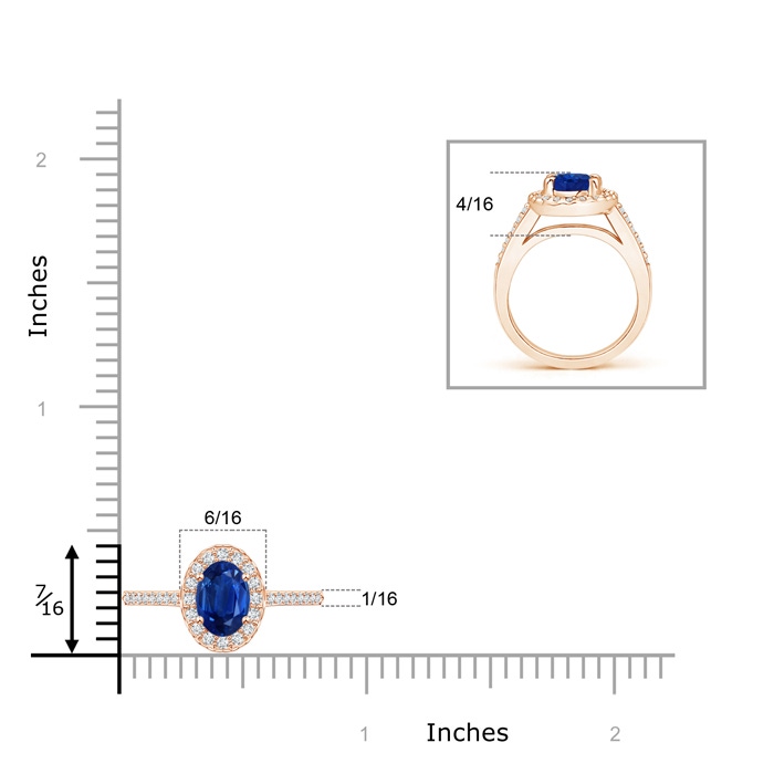 7x5mm AAA Classic Oval Blue Sapphire Halo Ring with Diamond Accents in Rose Gold ruler