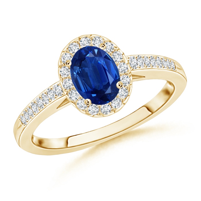 7x5mm AAA Classic Oval Blue Sapphire Halo Ring with Diamond Accents in Yellow Gold 