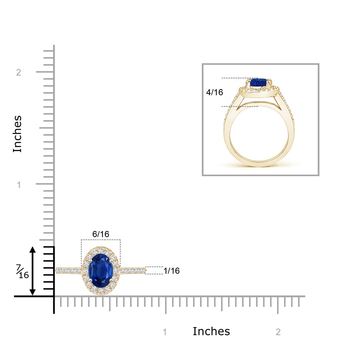 7x5mm AAA Classic Oval Blue Sapphire Halo Ring with Diamond Accents in Yellow Gold ruler