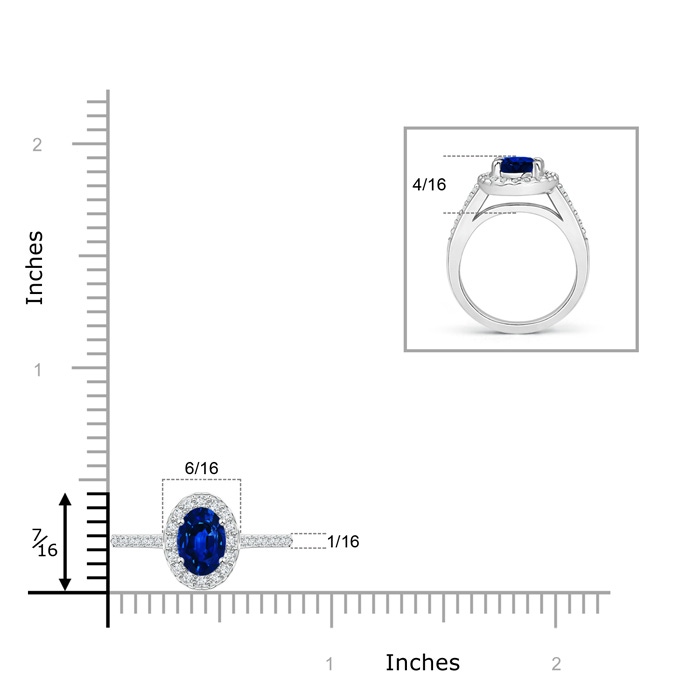7x5mm AAAA Classic Oval Blue Sapphire Halo Ring with Diamond Accents in P950 Platinum Ruler