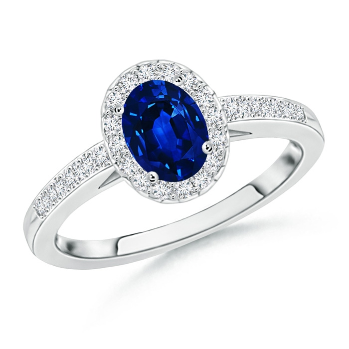 7x5mm AAAA Classic Oval Blue Sapphire Halo Ring with Diamond Accents in White Gold