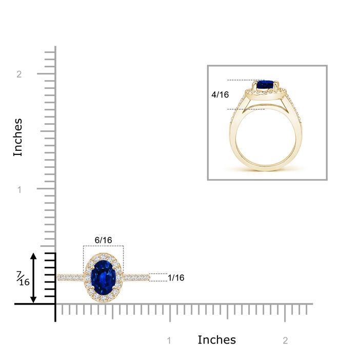7x5mm AAAA Classic Oval Blue Sapphire Halo Ring with Diamond Accents in Yellow Gold ruler