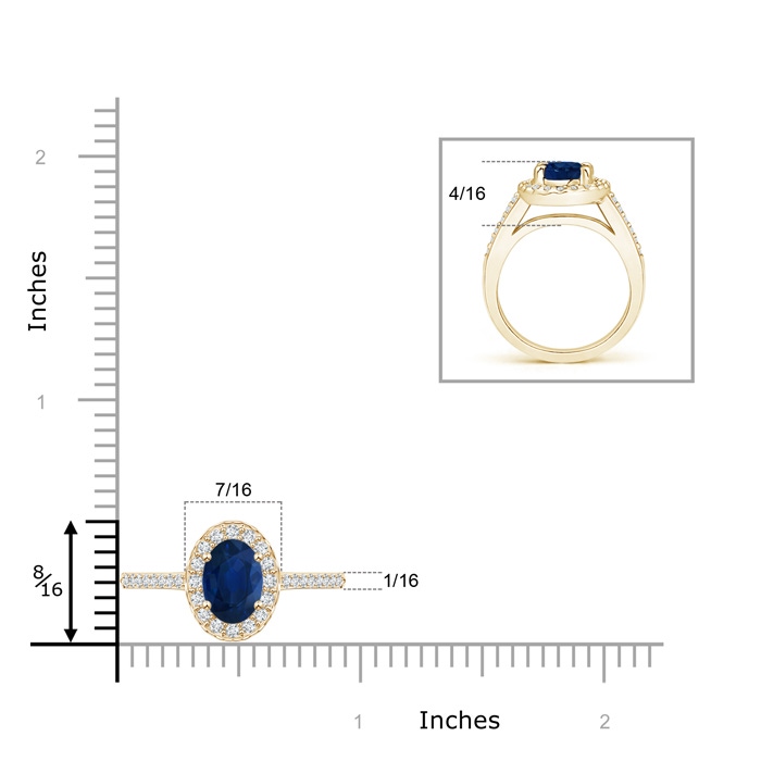 8x6mm AA Classic Oval Blue Sapphire Halo Ring with Diamond Accents in Yellow Gold ruler