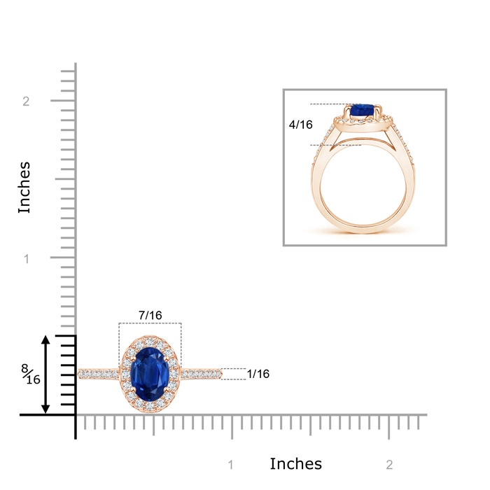 8x6mm AAA Classic Oval Blue Sapphire Halo Ring with Diamond Accents in Rose Gold ruler