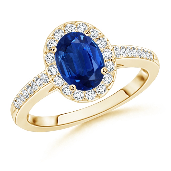 8x6mm AAA Classic Oval Blue Sapphire Halo Ring with Diamond Accents in Yellow Gold 