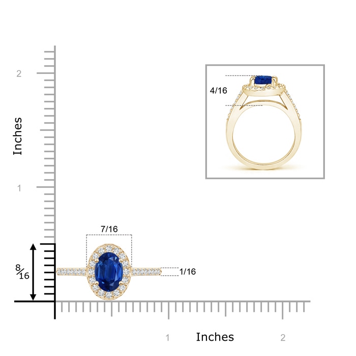 8x6mm AAA Classic Oval Blue Sapphire Halo Ring with Diamond Accents in Yellow Gold ruler