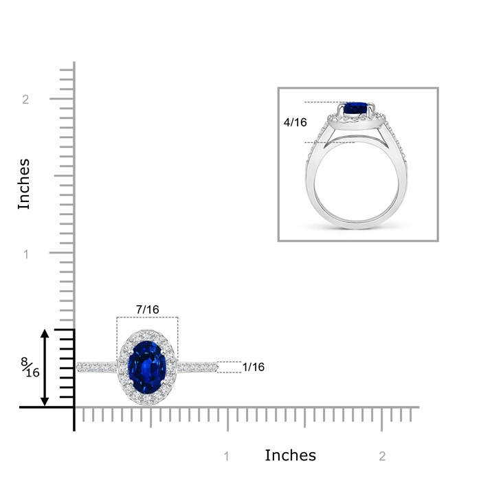 8x6mm AAAA Classic Oval Blue Sapphire Halo Ring with Diamond Accents in P950 Platinum ruler