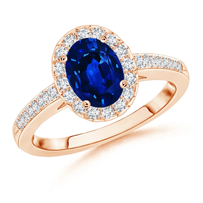 8x6mm AAAA Classic Oval Blue Sapphire Halo Ring with Diamond Accents in Rose Gold 