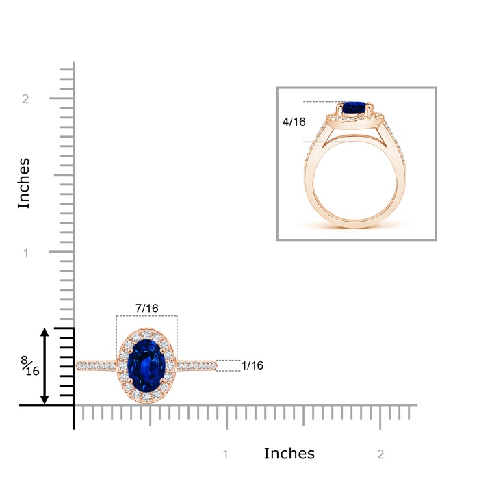 8x6mm AAAA Classic Oval Blue Sapphire Halo Ring with Diamond Accents in Rose Gold ruler