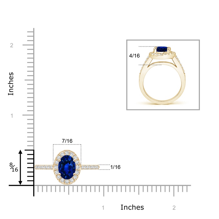 8x6mm AAAA Classic Oval Blue Sapphire Halo Ring with Diamond Accents in Yellow Gold ruler