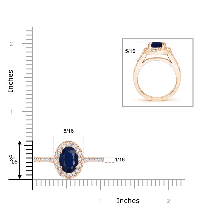 9x7mm A Classic Oval Blue Sapphire Halo Ring with Diamond Accents in Rose Gold ruler