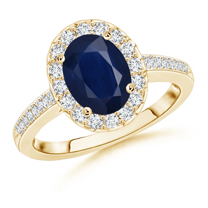 9x7mm A Classic Oval Blue Sapphire Halo Ring with Diamond Accents in Yellow Gold 