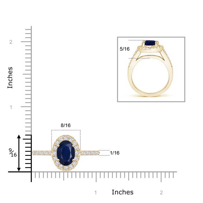 9x7mm A Classic Oval Blue Sapphire Halo Ring with Diamond Accents in Yellow Gold ruler