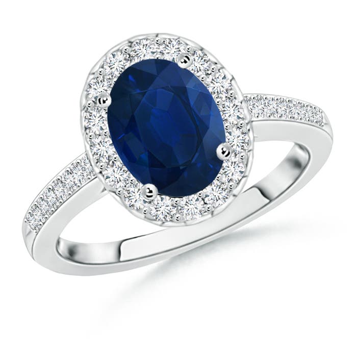 9x7mm AA Classic Oval Blue Sapphire Halo Ring with Diamond Accents in P950 Platinum