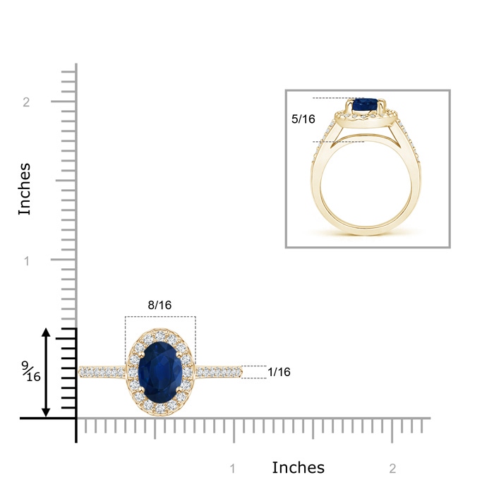 9x7mm AA Classic Oval Blue Sapphire Halo Ring with Diamond Accents in Yellow Gold ruler