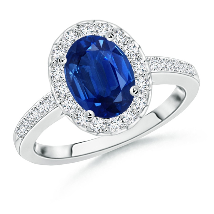 9x7mm AAA Classic Oval Blue Sapphire Halo Ring with Diamond Accents in P950 Platinum 