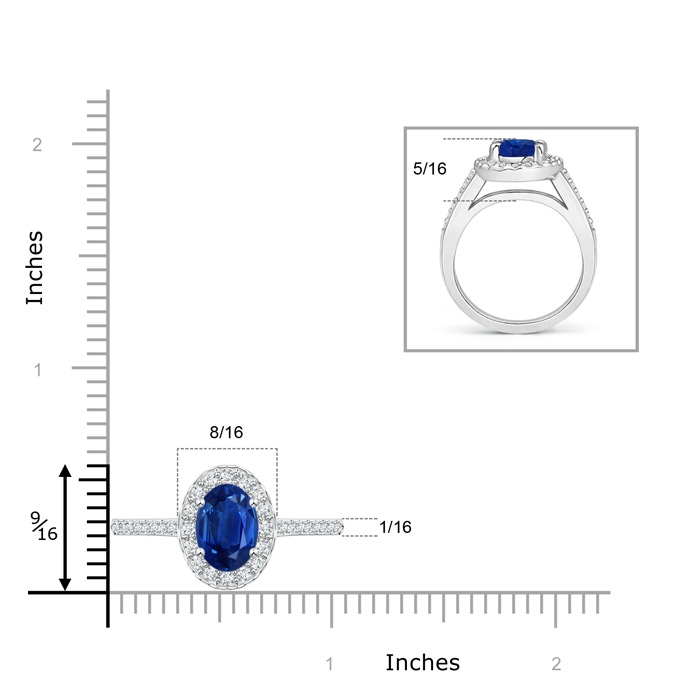 9x7mm AAA Classic Oval Blue Sapphire Halo Ring with Diamond Accents in P950 Platinum ruler