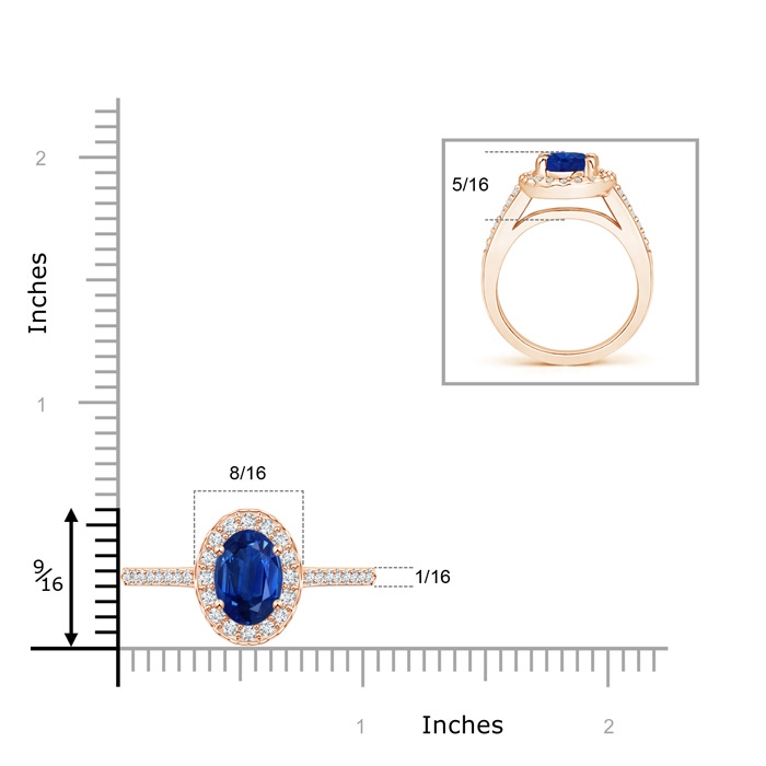 9x7mm AAA Classic Oval Blue Sapphire Halo Ring with Diamond Accents in Rose Gold ruler