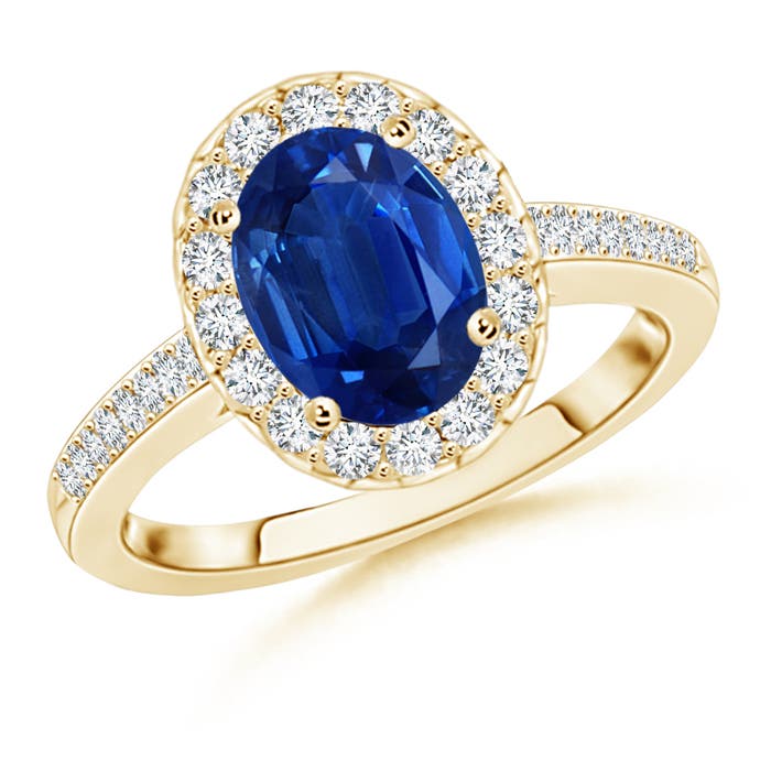 9x7mm AAA Classic Oval Blue Sapphire Halo Ring with Diamond Accents in Yellow Gold