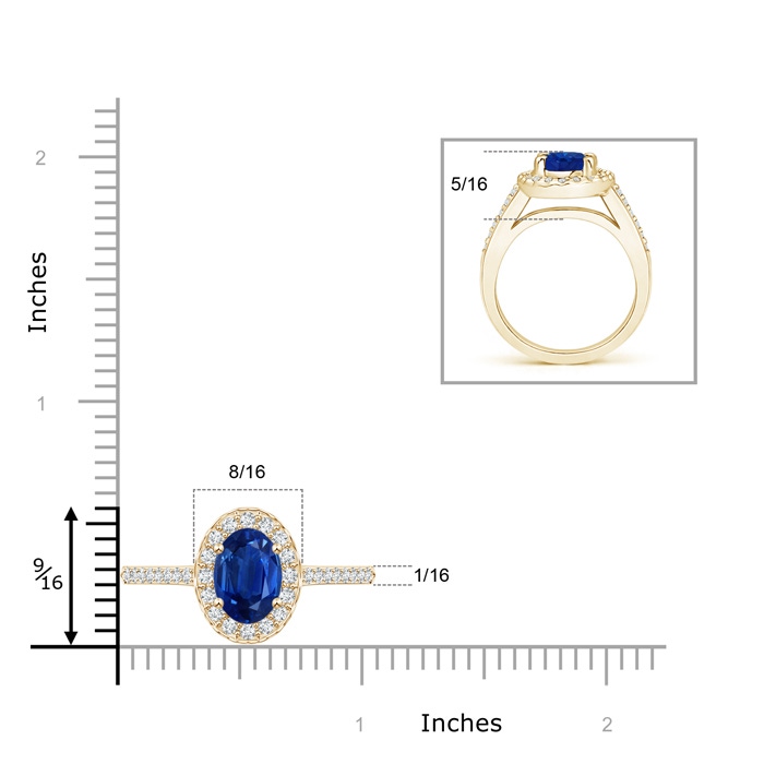 9x7mm AAA Classic Oval Blue Sapphire Halo Ring with Diamond Accents in Yellow Gold ruler