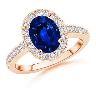 9x7mm AAAA Classic Oval Blue Sapphire Halo Ring with Diamond Accents in Rose Gold