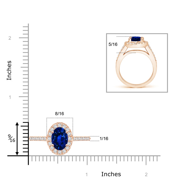 9x7mm AAAA Classic Oval Blue Sapphire Halo Ring with Diamond Accents in Rose Gold ruler