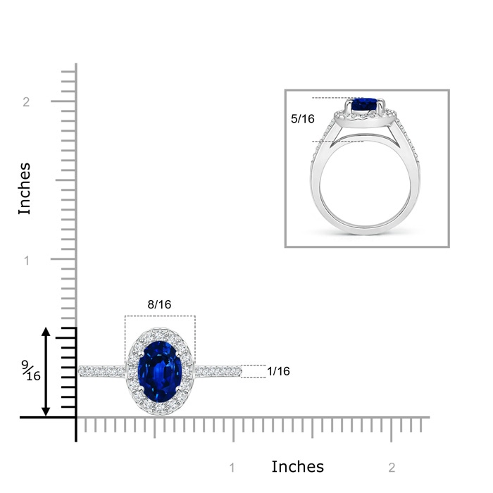 9x7mm AAAA Classic Oval Blue Sapphire Halo Ring with Diamond Accents in White Gold ruler