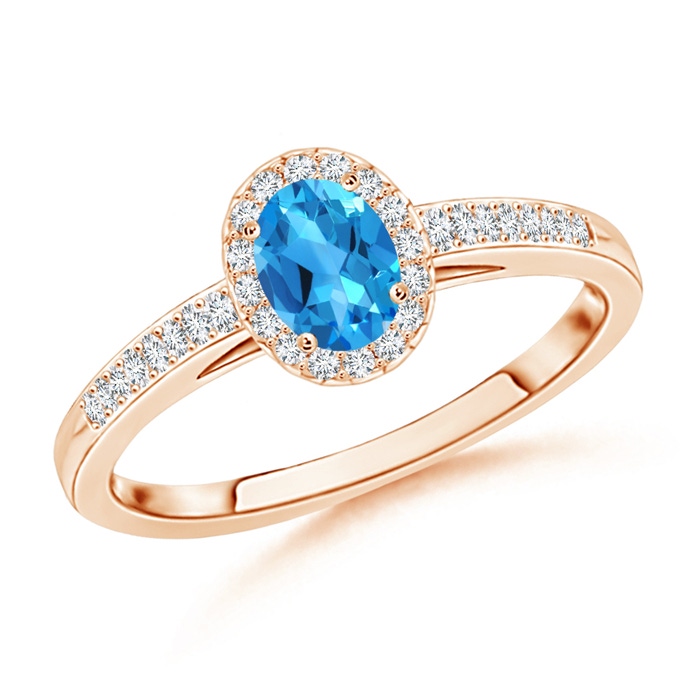 5x3mm AAAA Classic Oval Swiss Blue Topaz Halo Ring with Diamond Accents in Rose Gold