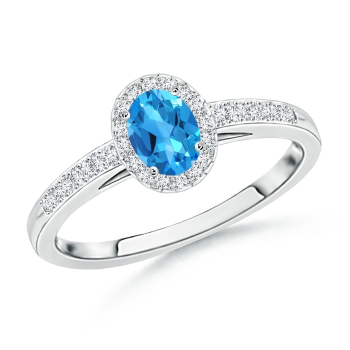 5x3mm AAAA Classic Oval Swiss Blue Topaz Halo Ring with Diamond Accents in White Gold