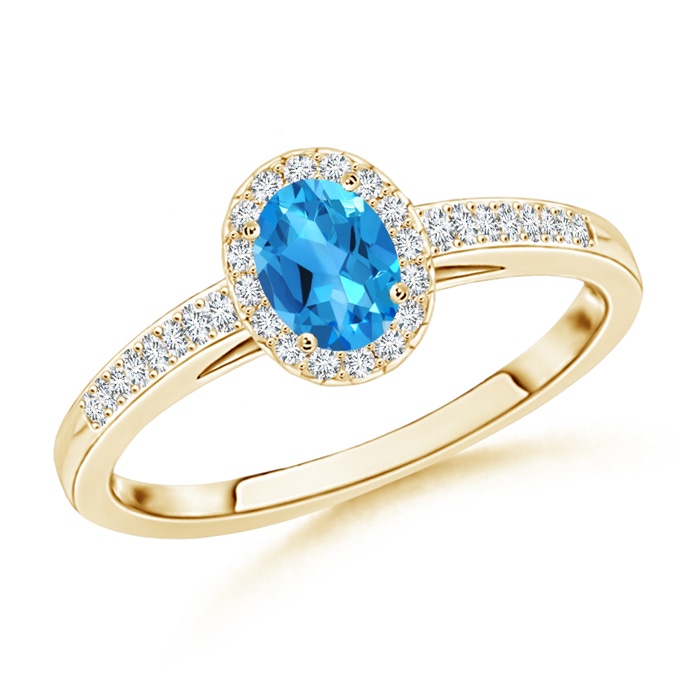 5x3mm AAAA Classic Oval Swiss Blue Topaz Halo Ring with Diamond Accents in Yellow Gold