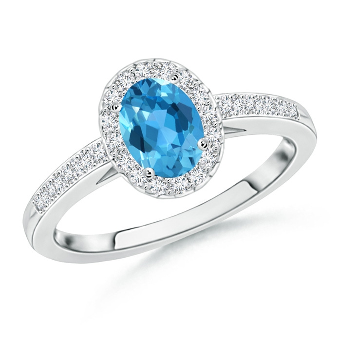 7x5mm AAA Classic Oval Swiss Blue Topaz Halo Ring with Diamond Accents in White Gold 