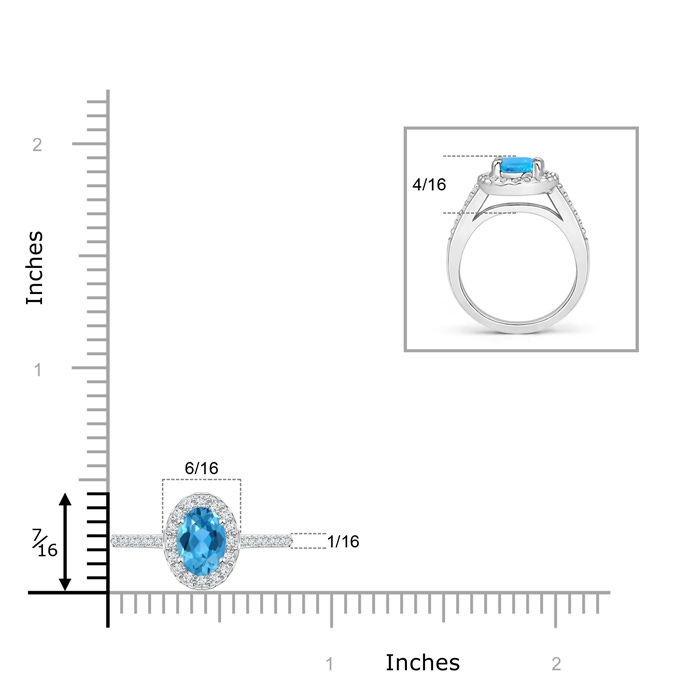 7x5mm AAA Classic Oval Swiss Blue Topaz Halo Ring with Diamond Accents in White Gold Ruler