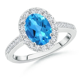 9x7mm AAAA Classic Oval Swiss Blue Topaz Halo Ring with Diamond Accents in P950 Platinum