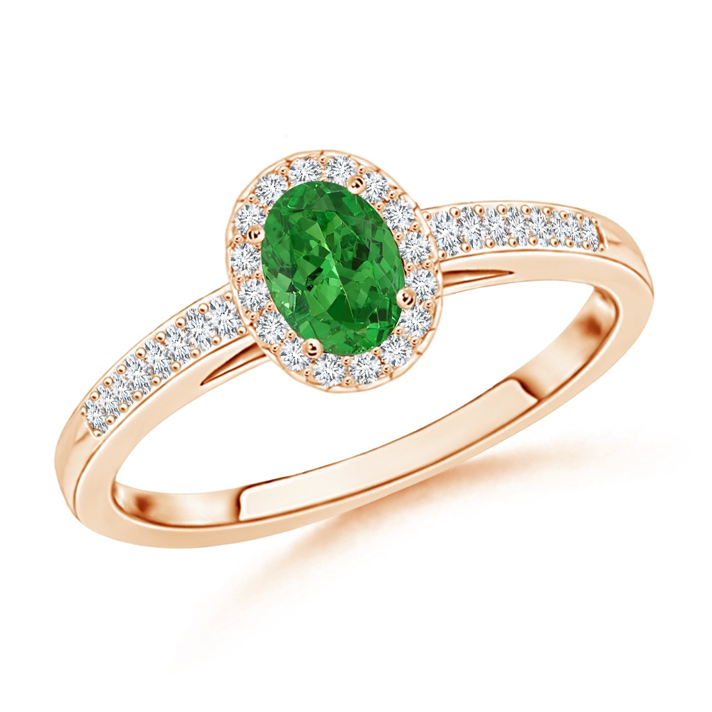 5x3mm AAAA Classic Oval Tsavorite Halo Ring with Diamond Accents in Rose Gold