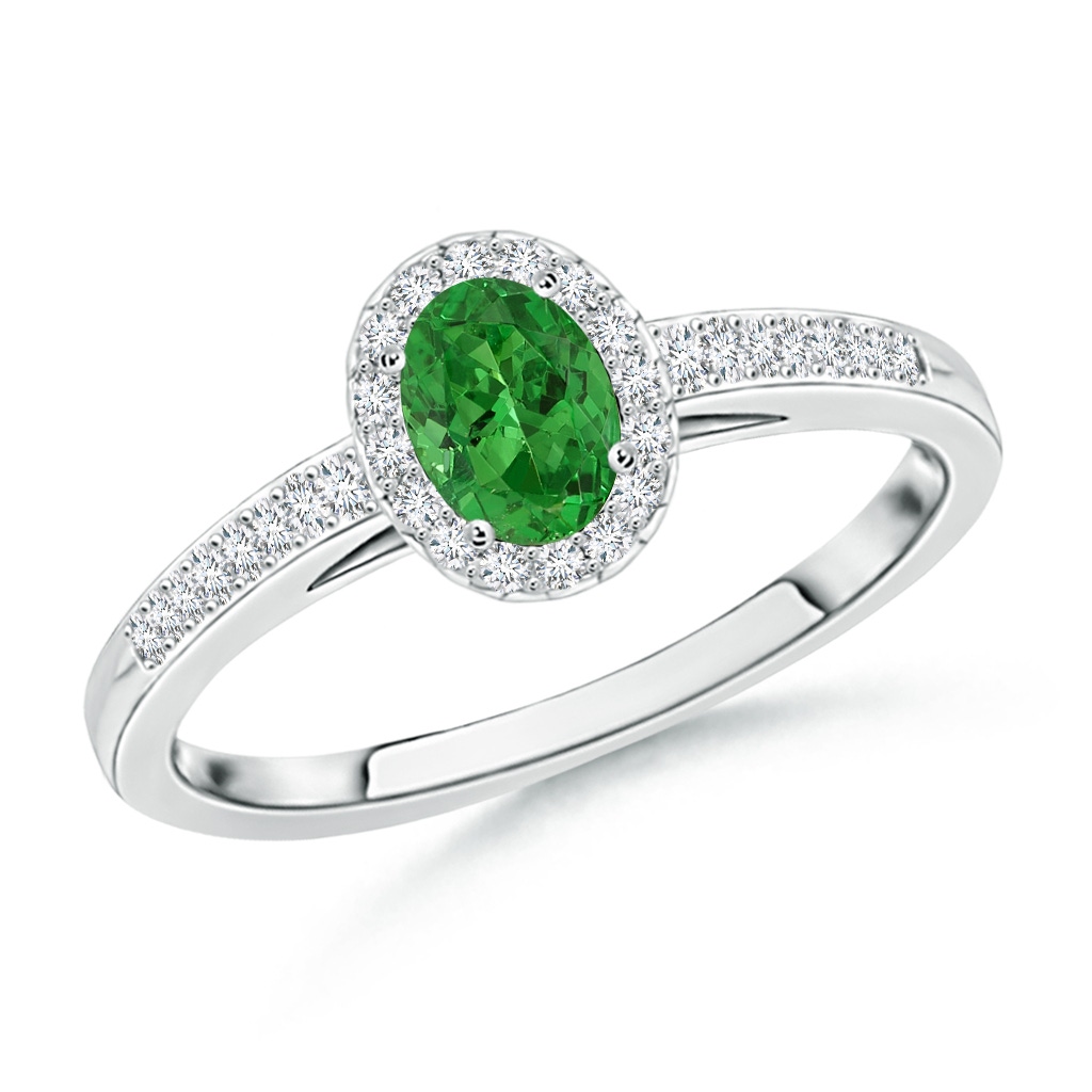 5x3mm AAAA Classic Oval Tsavorite Halo Ring with Diamond Accents in White Gold