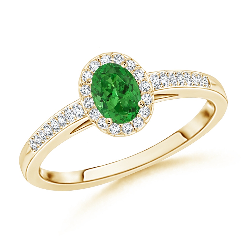 5x3mm AAAA Classic Oval Tsavorite Halo Ring with Diamond Accents in Yellow Gold
