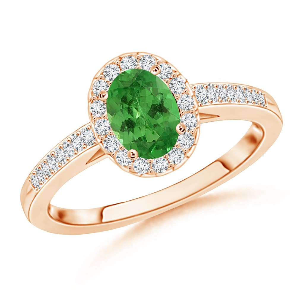 6x4mm AA Classic Oval Tsavorite Halo Ring with Diamond Accents in Rose Gold