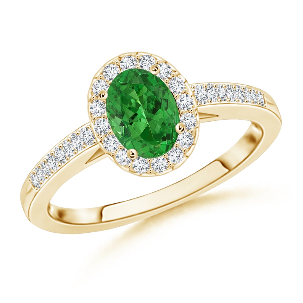 6x4mm AAAA Classic Oval Tsavorite Halo Ring with Diamond Accents in Yellow Gold