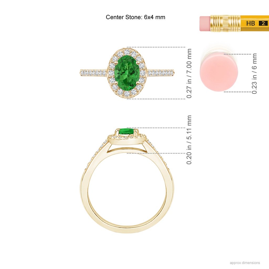 6x4mm AAAA Classic Oval Tsavorite Halo Ring with Diamond Accents in Yellow Gold Ruler