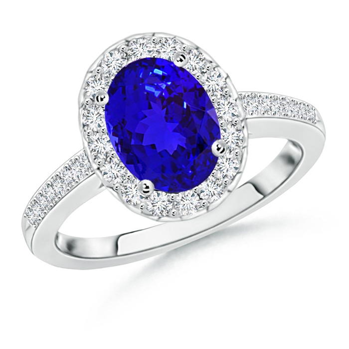 9x7mm AAAA Classic Oval Tanzanite Halo Ring with Diamond Accents in White Gold