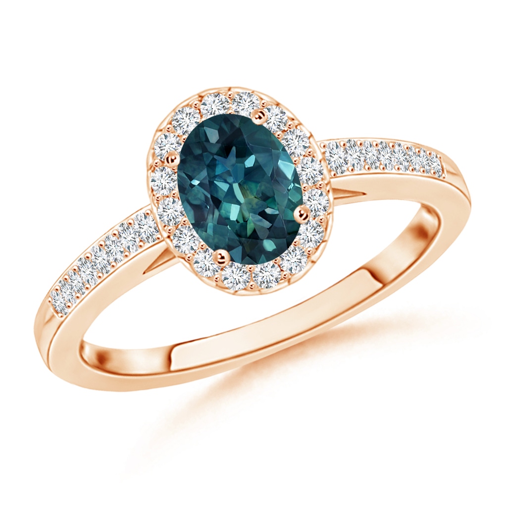 6x4mm AAA Classic Oval Teal Montana Sapphire Halo Ring with Diamond Accents in Rose Gold